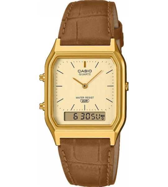 Casio Αντρικό Ρολόι Με Καφέ Δερμάτινο Λουράκι AQ-230EGL-9D